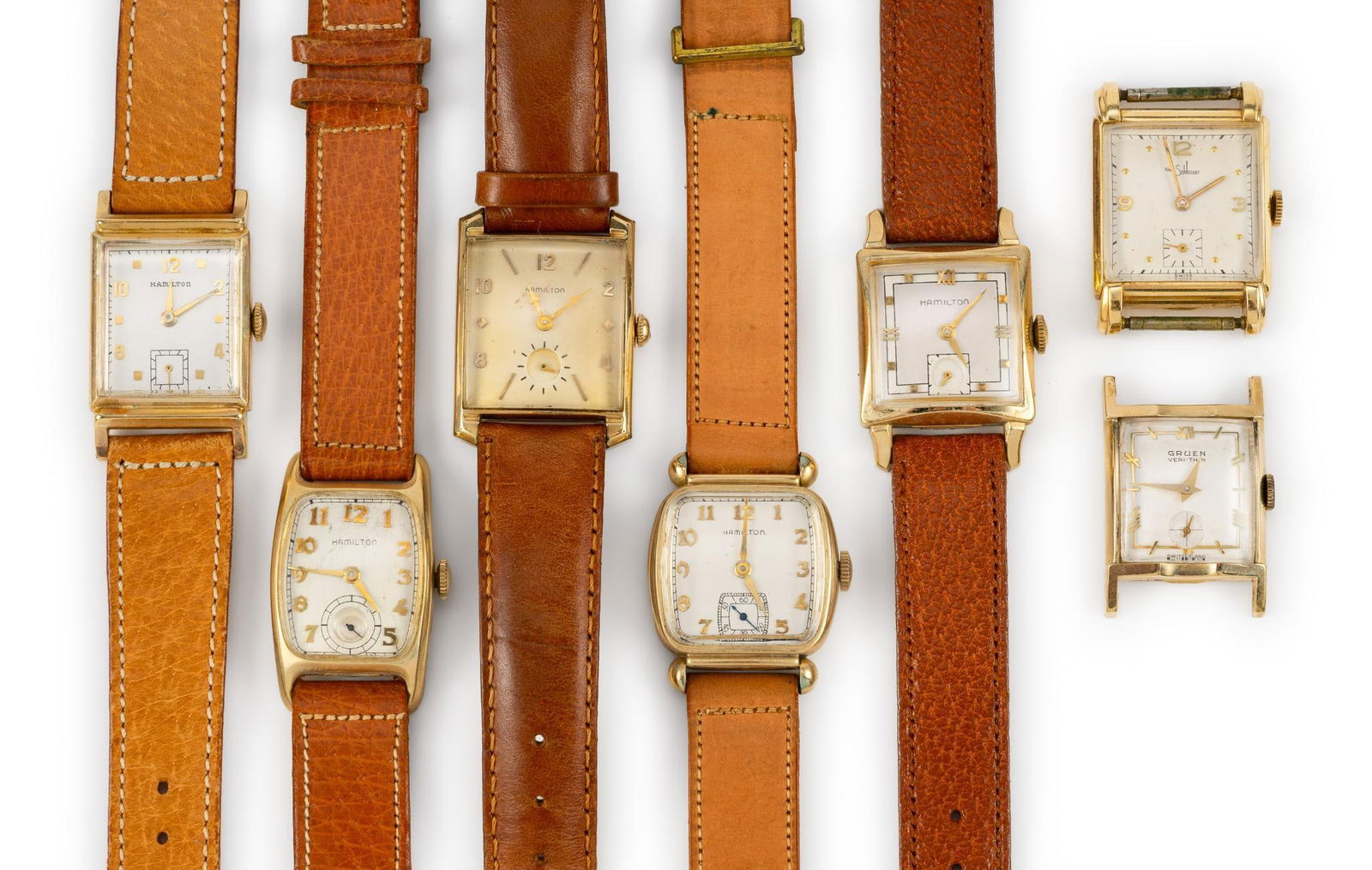 6 Antique Gold Filled Wrist Watches 1940's: Most or all are 10k gold filled. Gruen, Milton H. Schlosser, and Hamiltons. One of the Hamiltons has incorrect font and is a resurfaced dial. All watches run and keep time, not accuracy checked. From