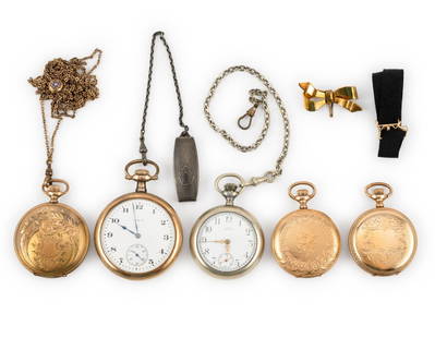 4 Gold Filled and One Silver Pocket Watches: Three gold filled hunting case pocket watches with three full case covers each. Two of them are 14k gold fill and and one warranted 20 years. They are non-running, late 1800's, movement size 6S. A fou