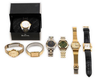 Quartz Watches Including Seiko: Seven wrist watches with a few better such as a vintage Seiko Kinetic two tone watch and a new old stock Bulova stainless and gold watch in it's original box with spare links, hang tag and booklet. Th