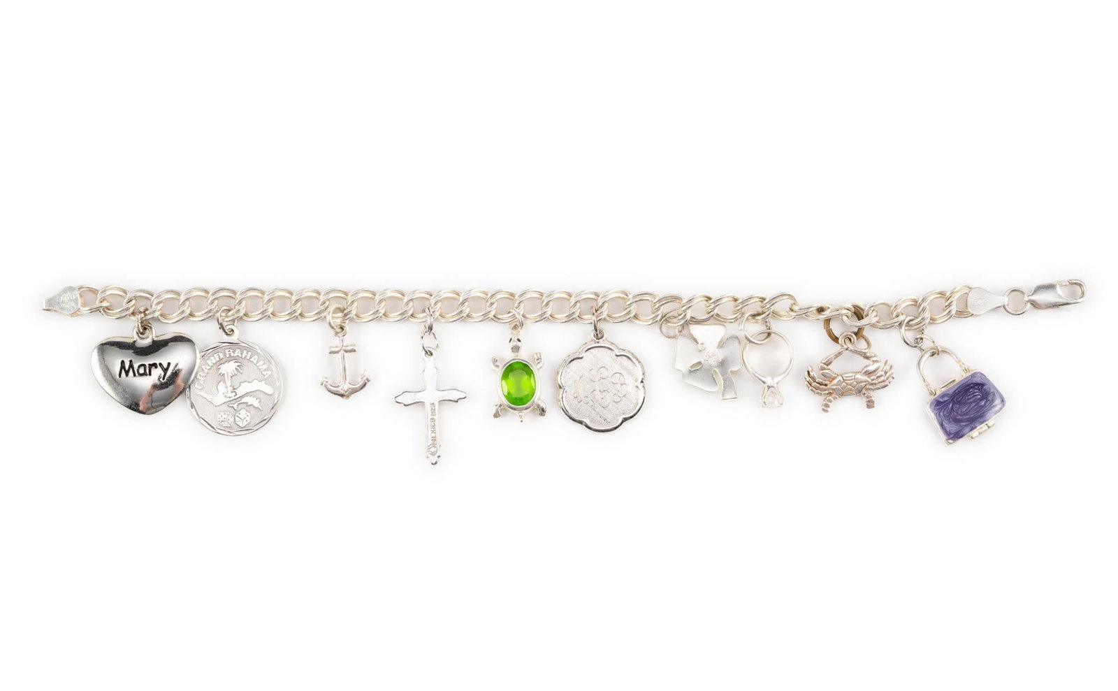 Sterling Silver Charm Bracelet: Marked 925. Charms marked sterling or 925. Measure 4" long.