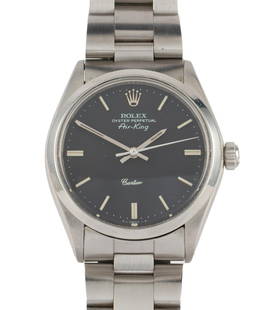 Rolex Oyster Perpetual Air King Wrist Watch Retailed by Cartier: A model 5500 with original matte black dial Rolex Oyster Perpetual Air King Cartier. Rare Cartier-retailed watch from 1974. The bracelet is a later factory Rolex 78350 - 19. Model 5500 is a 34 mm watc