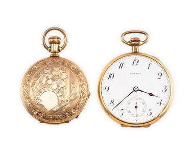 2 Gold Filled Pocket Watches Howard And Elgin: One watch is a 1914 model 1912 Howard 12S movement size in an open face case with case cover and dust cover over the movement. The case is a Keystone Extra which has a higher than average gold content