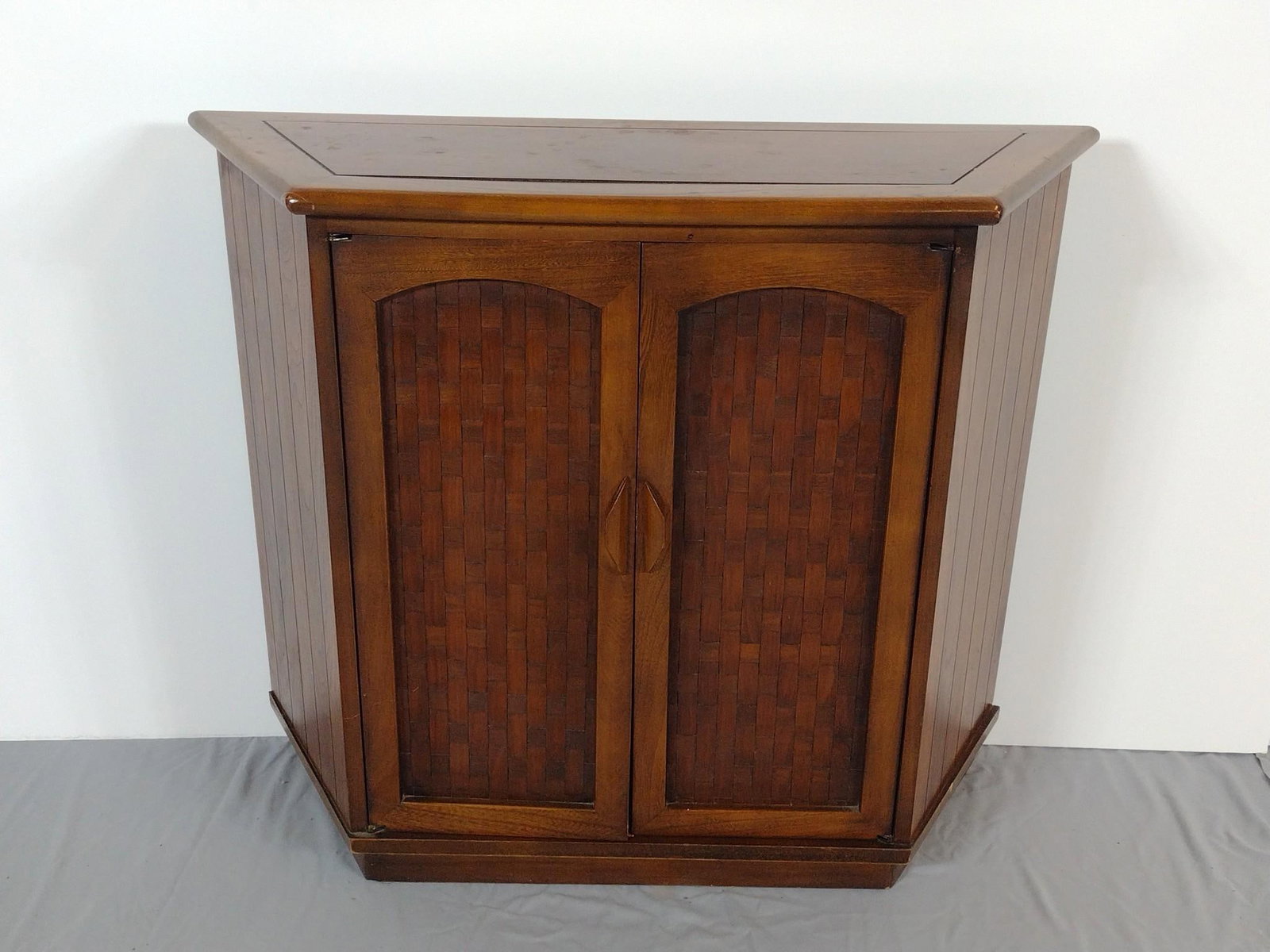 Hall Cabinet: NOT ELIGIBLE FOR IN-HOUSE SHIPPING. 35-1/2" wide X 11-1/2" deep X 29-1/2" high. Has some light scratches. No manufactures name found.