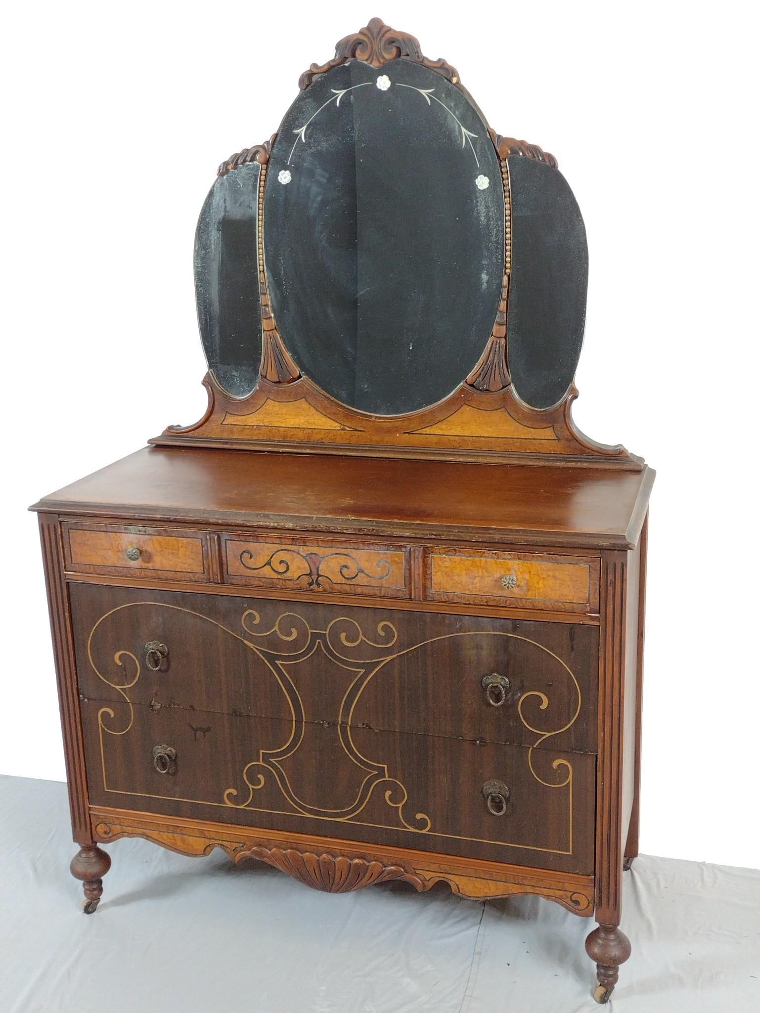 Antique Dresser With Mirror: NOT ELIGIBLE FOR IN-HOUSE SHIPPING. 44" wide X 19" deep X 68-1/4" high. Has scratches and areas of finish loss.