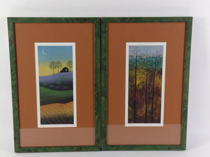 2 Jonathan Heath Ltd Ed Prints incl Autumn: NOT ELIGIBLE FOR IN-HOUSE SHIPPING. Sight: 11-3/4" high x 5" wide. Overall with frame: 20-1/4" high x 13" wide. Includes "Autumn" edition number 20 / 65 and "House on the Hill" edition number 15 / 65.