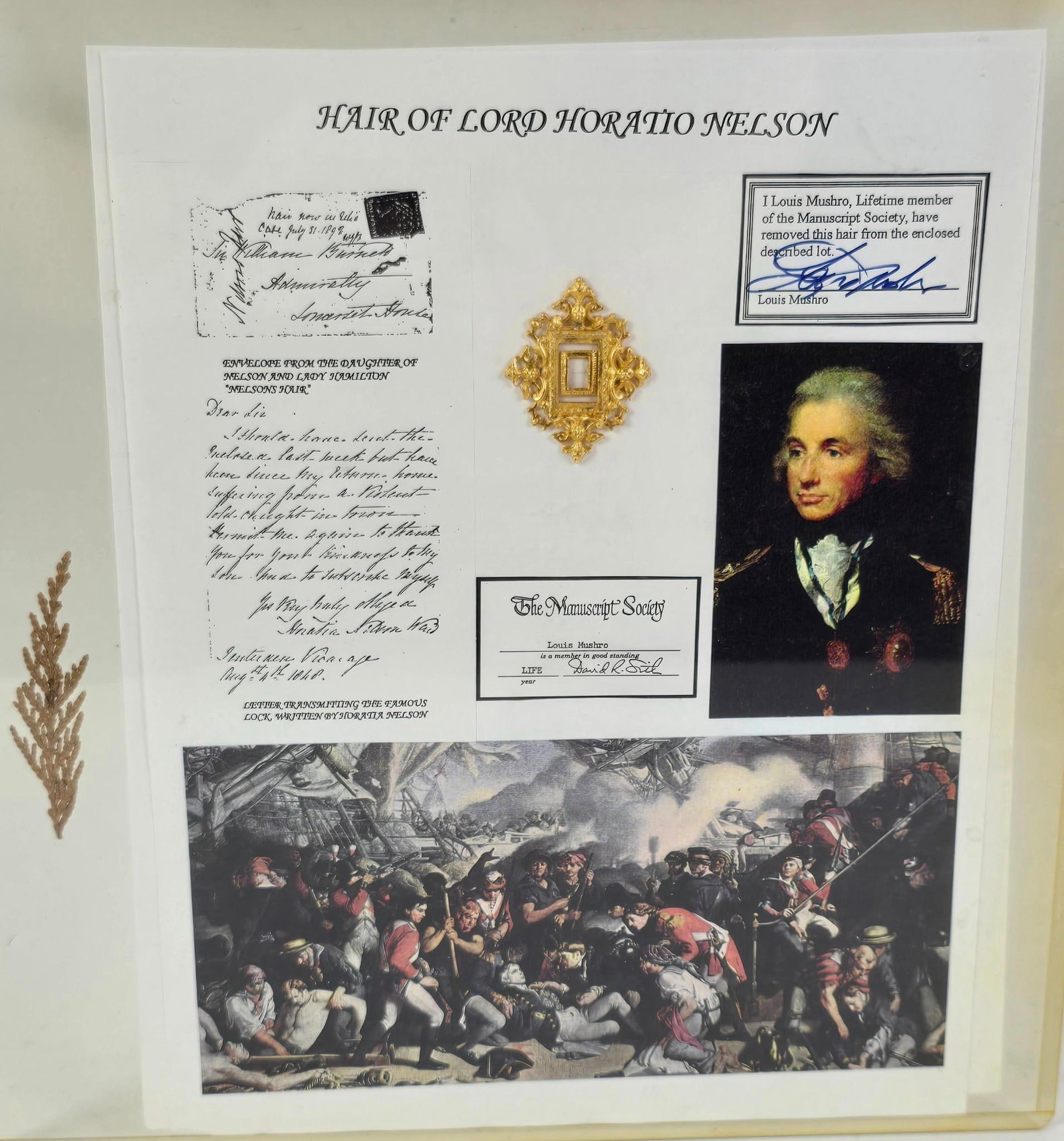 Hair of Lord Nelson Alexander: NOT ELIGIBLE FOR IN-HOUSE SHIPPING. "I Louis Mushro, Lifetime member of the Manuscript Society, have removed this hair from the enclosed described lot." on paper included with hair. Hair with gold ton