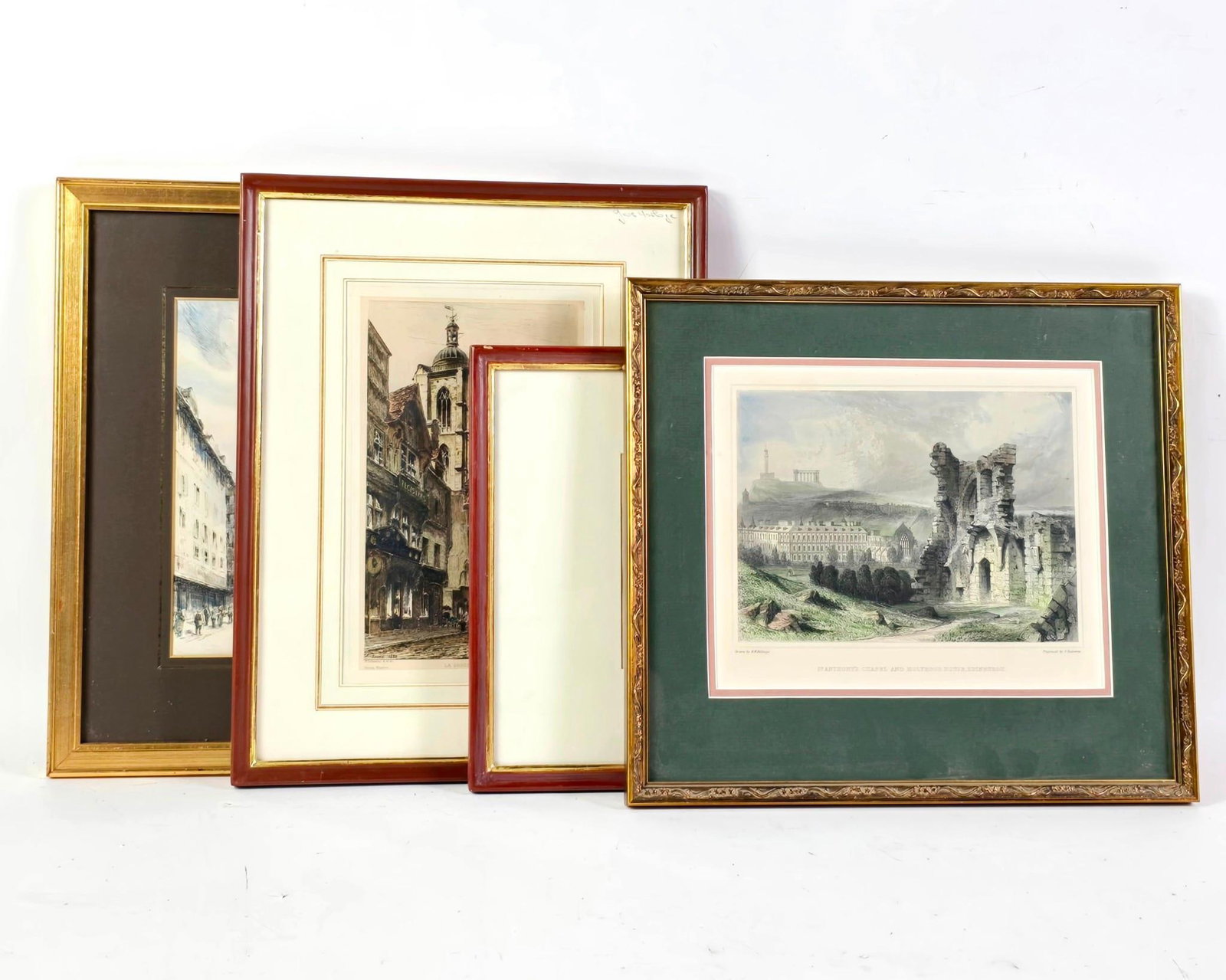 4 Foreign Scene Etchings incl France: NOT ELIGIBLE FOR IN-HOUSE SHIPPING. Sight: 5-1/4" to 9-1/4" high x 5-1/2" to 8-1/2" wide. Overall with frame: 10-3/4" to 14-3/4" high x 11-1/2" to 14-3/4" wide. Minor wear to frames consistent with ag