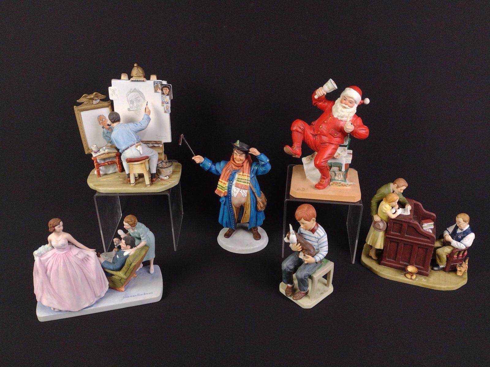 6 Norman Rockwell Figurines incl Christmas: 6-1/2" to 8-1/2" high.