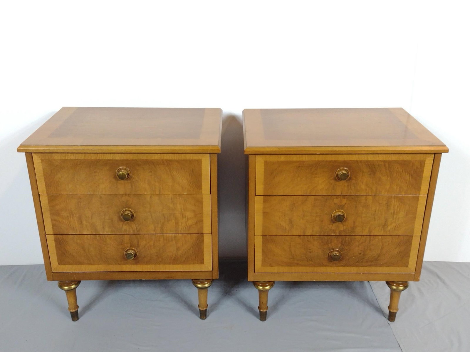 Pair Of Night Stands: NOT ELIGIBLE FOR IN-HOUSE SHIPPING. Each 23" wide X 16" deep X 26-1/2" high. Both have some scratches. No manufactures name found.