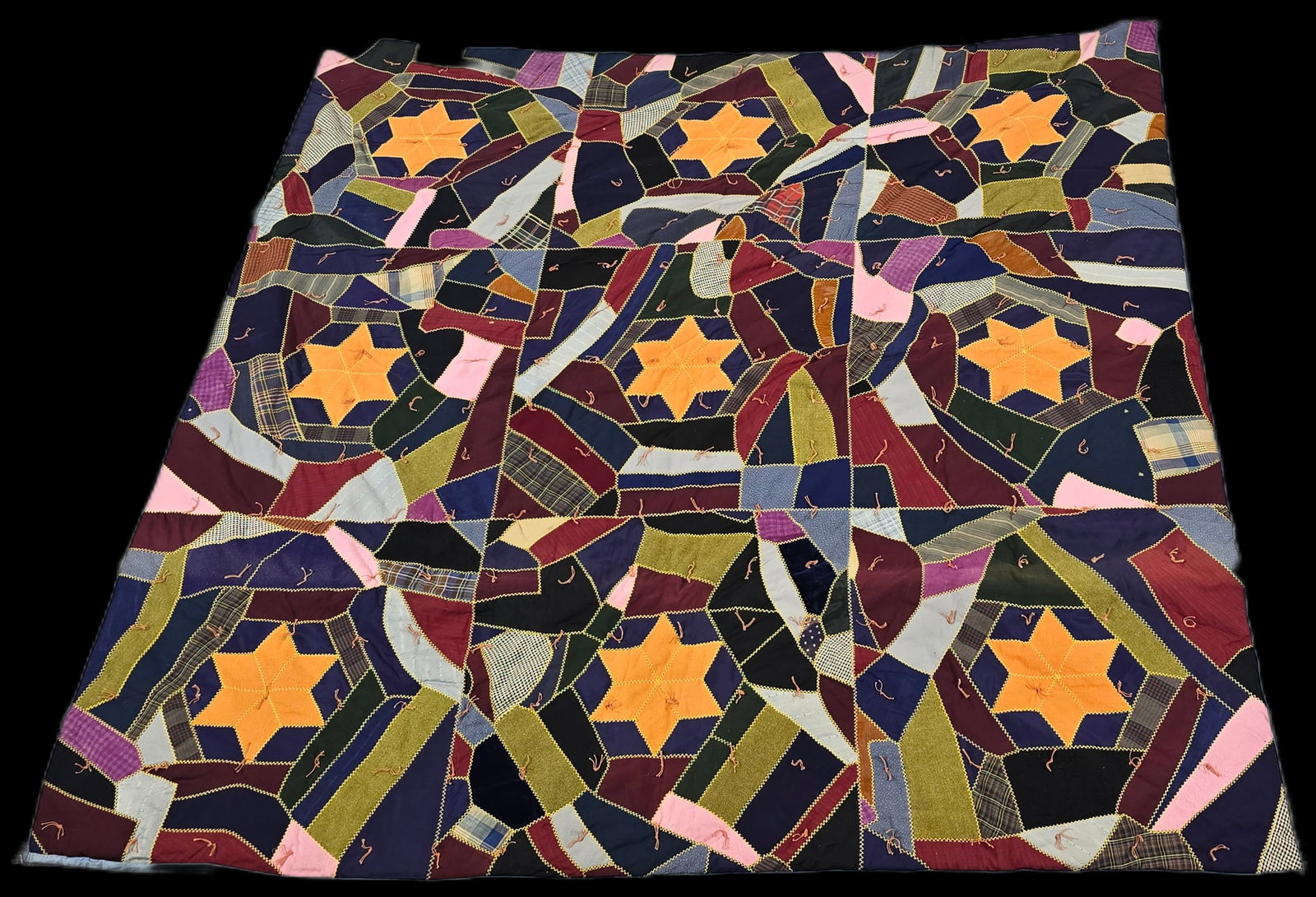 Antique Crazy Quilt: 78-1/2" wide x 76" long. Minor wear consistent with age and use.