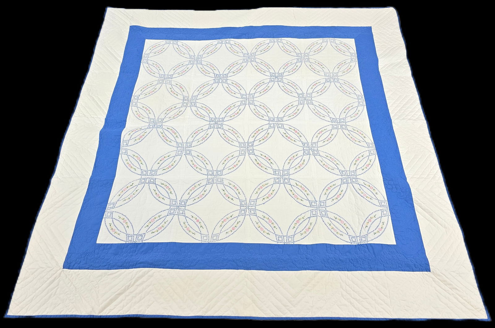 Vintage Cross Stitch Wedding Ring Blanket: 87" wide x 88" long. Minor wear consistent with age and use.