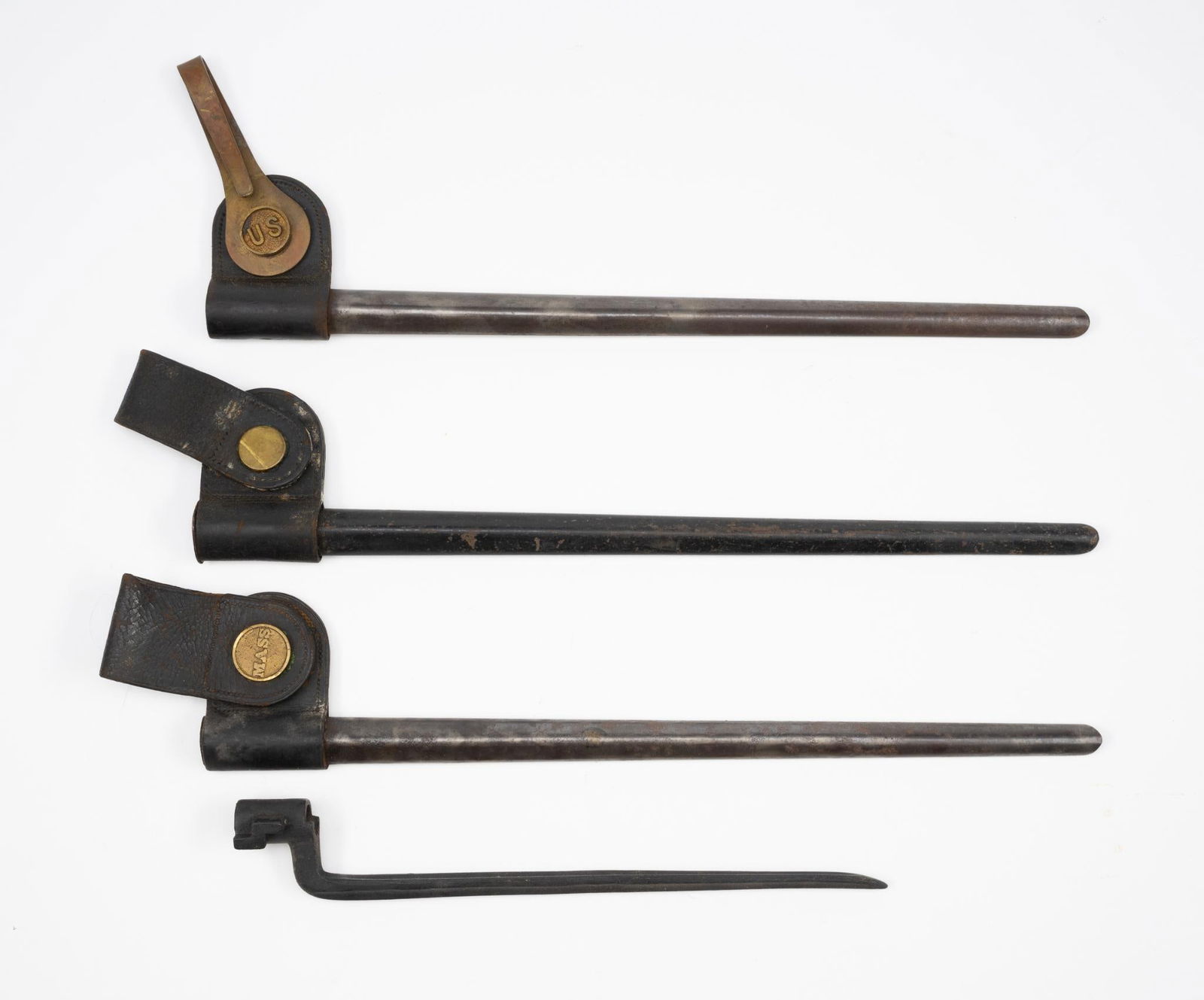 3 U.S. Scabbards & Bannerman Cadet: NOT ELIGIBLE FOR IN-HOUSE SHIPPING OUTSIDE THE UNITED STATES. Includes three U.S. scabbards for M1873 rifles with rondells (1 Mass, 1 U.S., and 1 unmarked); and Bannerman cadet for Quaker rifle 1903.