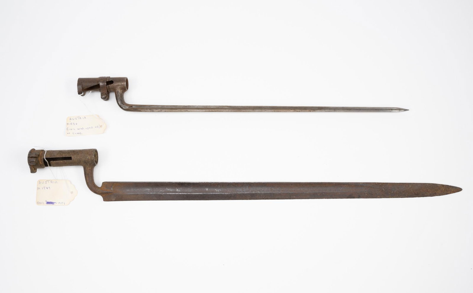 2 Austrian Bayonets: NOT ELIGIBLE FOR IN-HOUSE SHIPPING OUTSIDE THE UNITED STATES. Includes M1854 & M1849. 22" to 29" long.