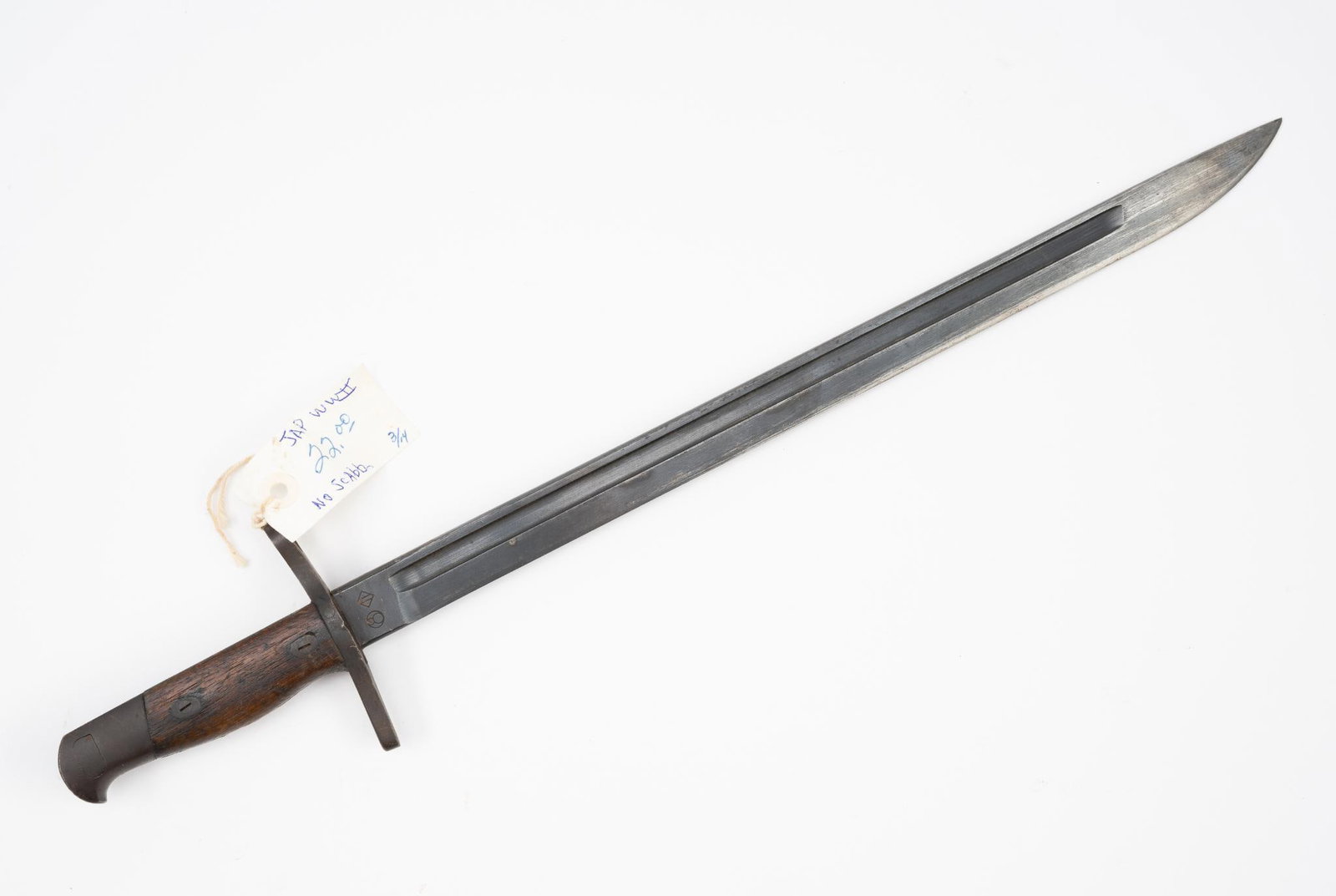 Japanese WWII Bayonet: NOT ELIGIBLE FOR IN-HOUSE SHIPPING OUTSIDE THE UNITED STATES. Marked Riken Kouzai. No scabbard. 20-1/4" long.