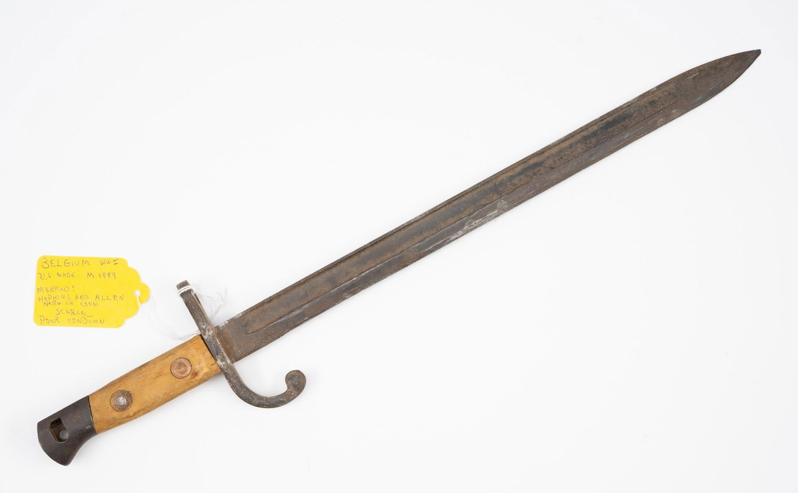 Belgian WWI M1889 Bayonet: NOT ELIGIBLE FOR IN-HOUSE SHIPPING OUTSIDE THE UNITED STATES. Marked Hopkins & Allen Norwich Conn. No scabbard. 20-1/2" long.