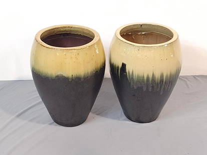 Pr Ceramic Drip Planters: NOT ELIGIBLE FOR IN-HOUSE SHIPPING. Each: 13" diameter X 17" diameter. One with glaze loss and hairline cracks.