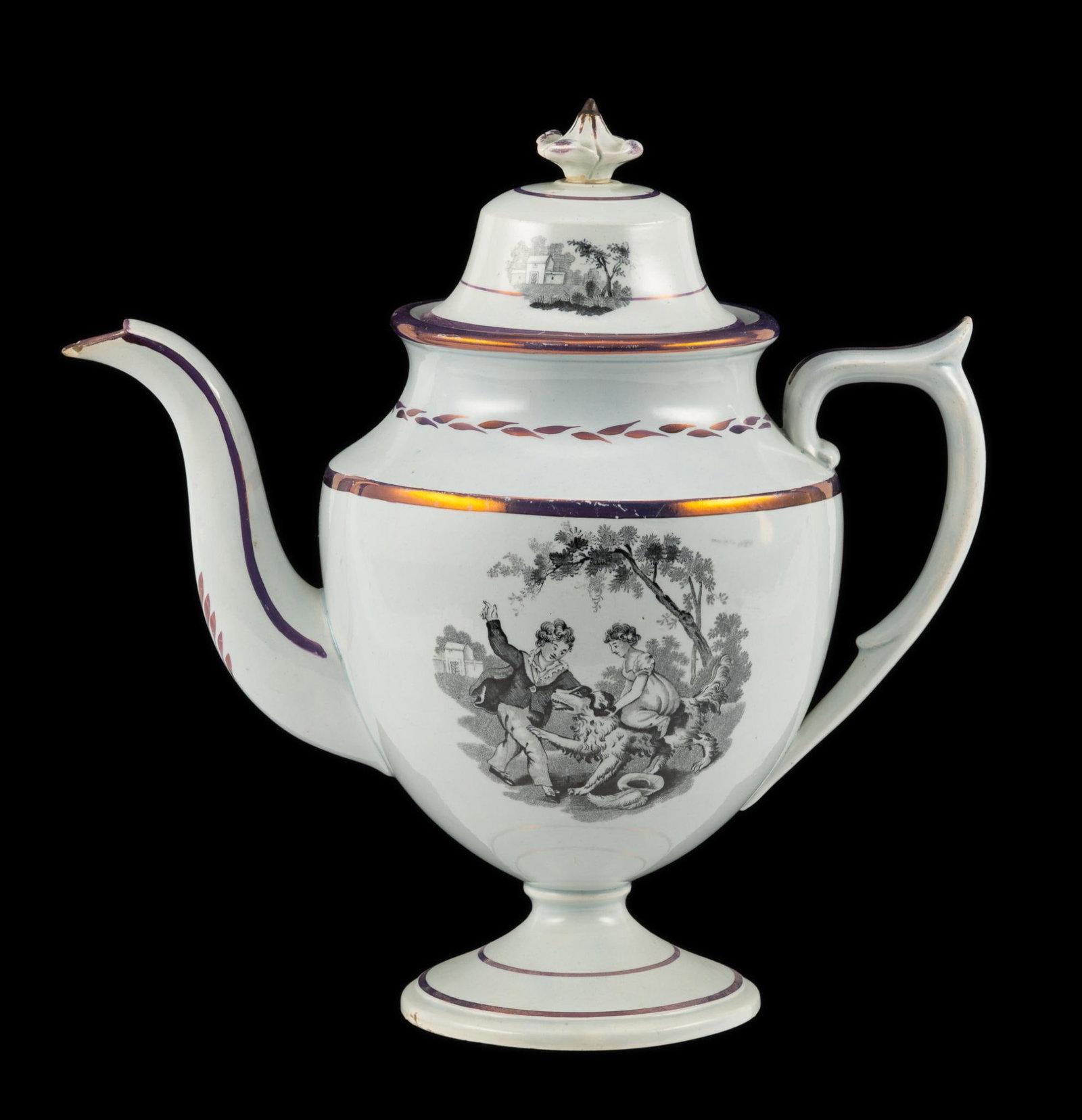 C. 1820 Newcastle Lustreware Teapot: Provenance: Single owner collection. Depicts two vignettes of children. Pink and black transfer on cream ground. Highfooted and domed. Bought from Northeast Auction in 2000 from Roger Powers Collectio