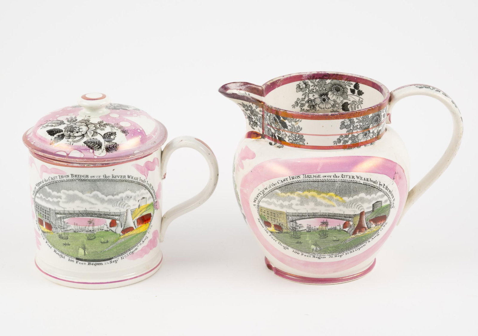 Pair of Commemorative Iron Bridge Lustreware Pieces: Provenance: Single owner collection. Includes Sunderland pitcher with flowers and "A West View of the Cast Iron Bridge over the River Wear built by P. Burdon, Esq." From private collection. Bought at 
