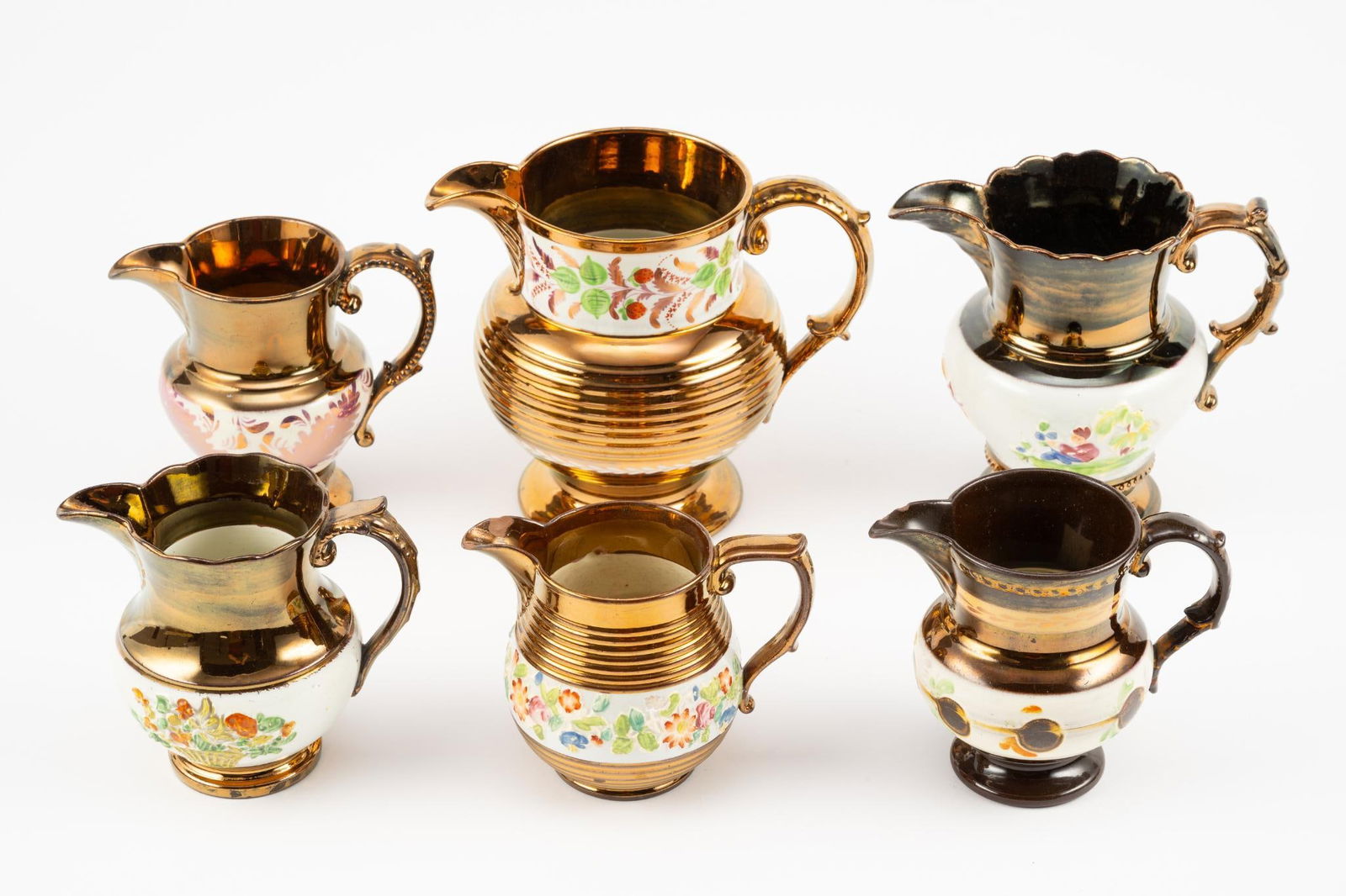 (6) White Banded Lustreware Pitchers (1 of 6)