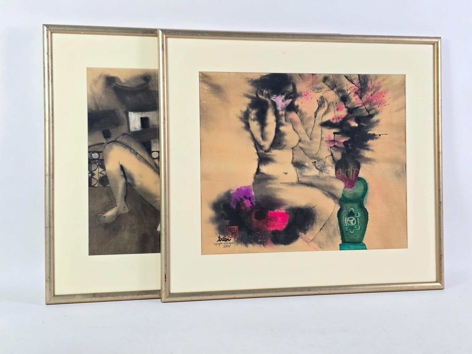 2 Pcs Nguyon Dung Drawings: NOT ELIGIBLE FOR IN-HOUSE SHIPPING. One signed lower right other signed lower left. With stamp. Dated 1993 & 1994. Overall 23-1/2" high x 26-1/2" wide. Sight 16" high x 19-1/2" wide.