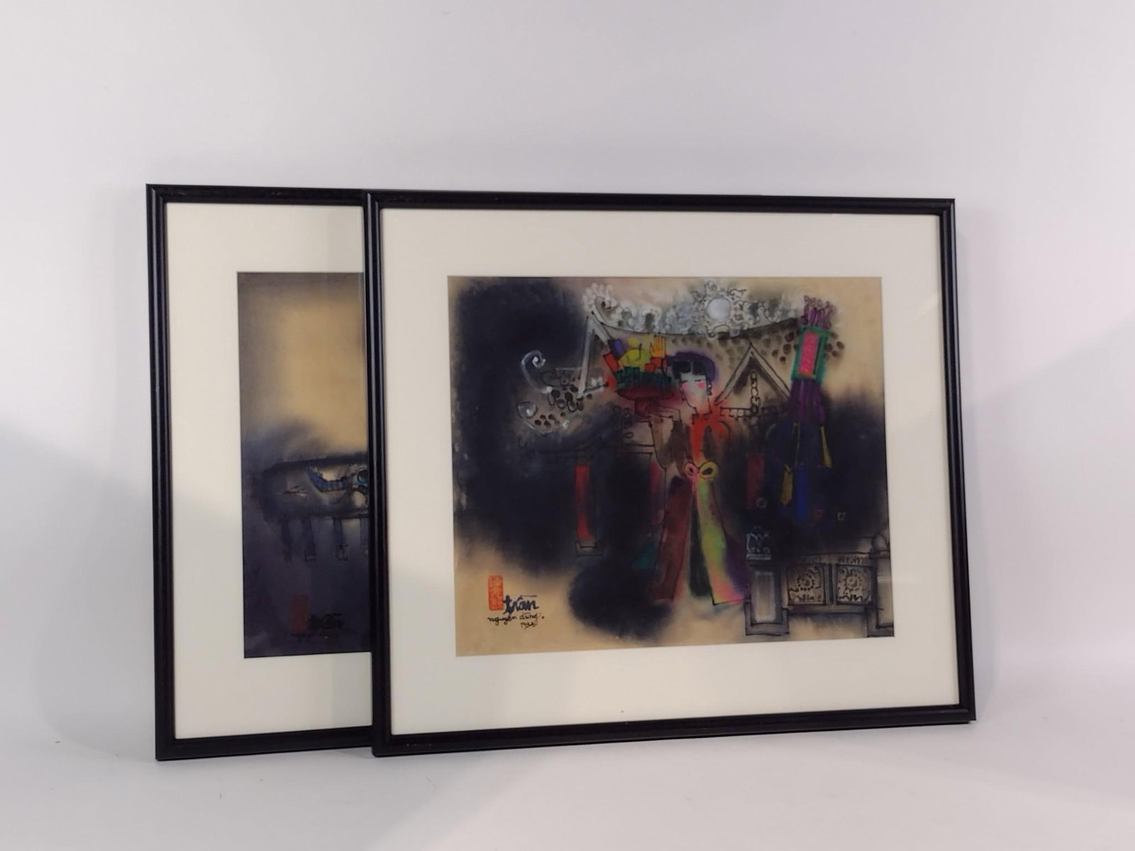 2 Nguyen Dung Drawings: NOT ELIGIBLE FOR IN-HOUSE SHIPPING. Both signed lower left. Both stamped. Both dated 1994. Overall 23-1/2" high x 26-1/2" wide. Sight 16" high x 19-1/2" wide.