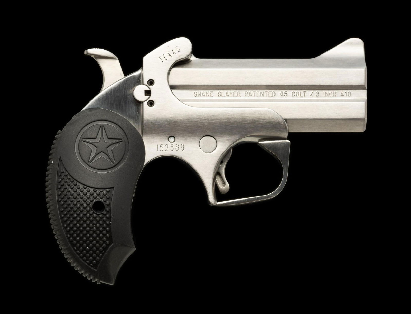 Bond Firearms Defender Derringer w/ 3 Sets of Barrels, .45 Colt/.410 & .357/.38: Serial Number: 152589 Design: The Bond Firearms Co. of Granbury, Texas makes fine quality over/under derringers. This example is marked "Texas" on the frame and comes with three (3) sets of barrels wi