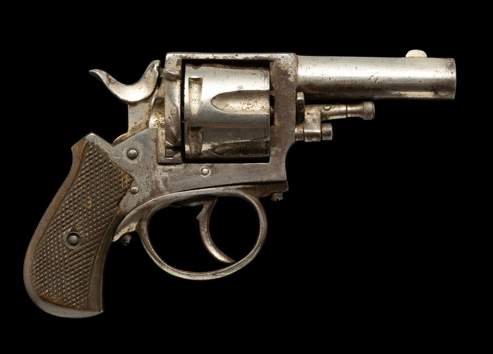 Vintage Belgian "British Bull Dog" Double Action Revolver, Caaliber .38 S&W: Serial Number: NSN Design: This old "British Bull Dog" double action revolver carries Belgian proofs on the rear of the cylinder and dates to the early 20th century. 2 3/4" barrel. 6-shot cylinder, ca