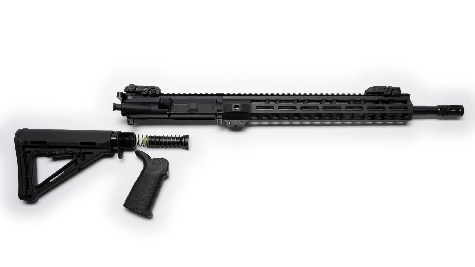 AR-15 Complete Upper & Buttstock Pieces: DESIGN: Complete upper 16" barrel & 5.56mm. 1/7 twist. With M-lock free float hand guard and back up iron sights. Pull stock and buffer and pistol grip. CONDITION: Overall good, near excellent.