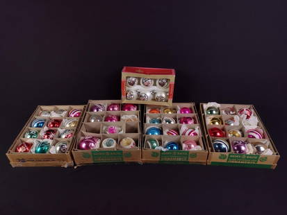 57 Vintage Christmas Ornaments incl Shiny Brite: Also includes blown Santa Claus. 5 boxes included. Boxes with tears and / or writing. Ornaments with some cracking to paint consistent with age and use.