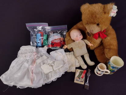 22 Pcs Childrens Collectibles / Toys incl Watches: Includes AM Germany doll, Cinderella + Mickey Mouse wrist watches, doll clothing, molded plastic cars, and more.