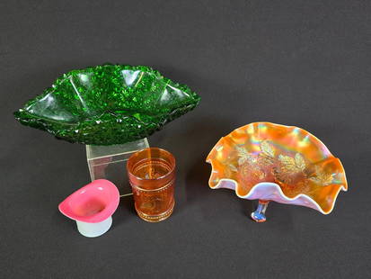 4 Pcs Glassware incl Daisy Button Bowl and Carnival Glass: Includes emerald green daisy button bowl (some chips to edges), crane pattern carnival glass cup, pink / white glass hat toothpick holder, and orange opalescent cherry leaf 3 footed carnival glass bow