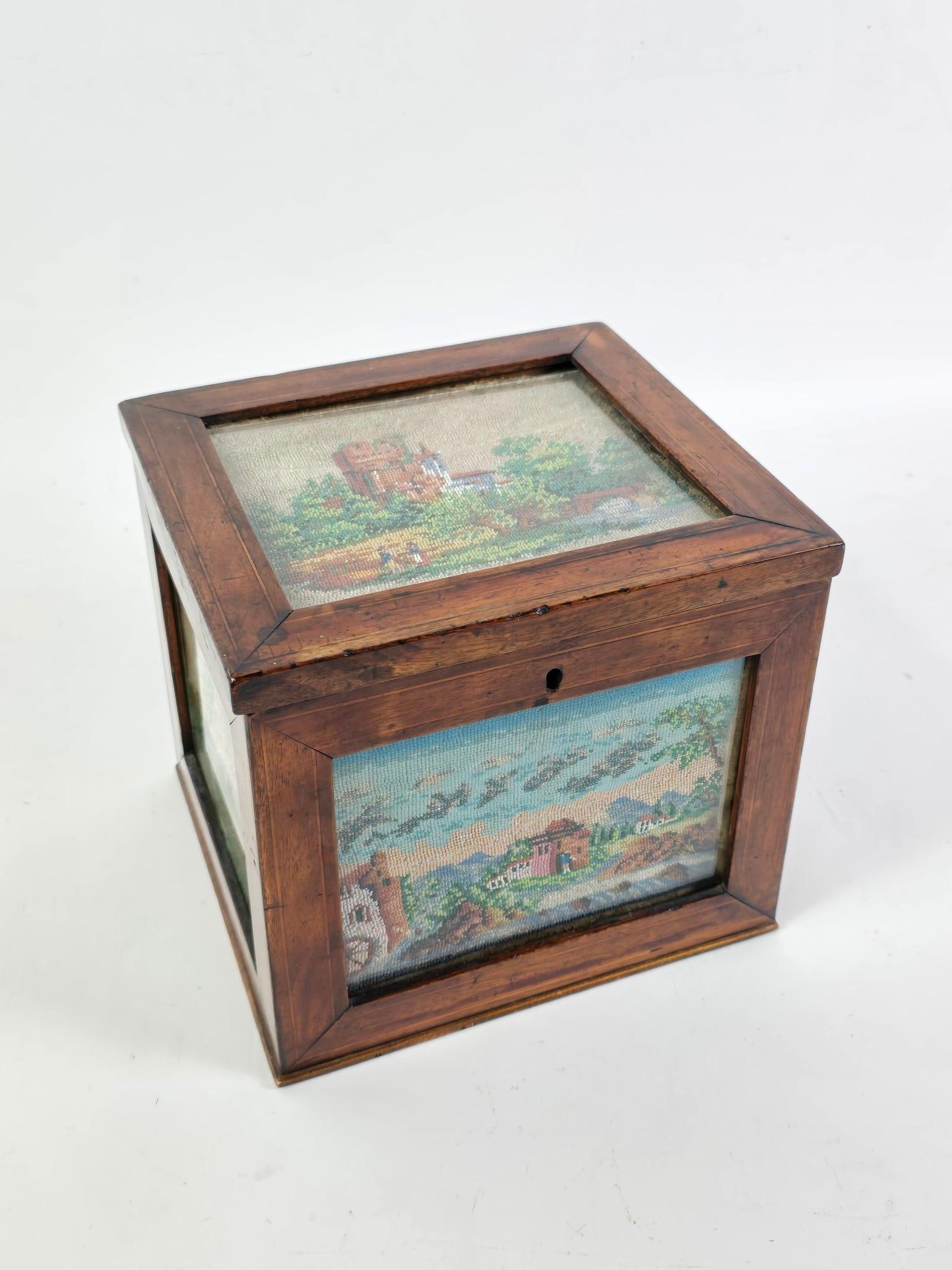 Hepplewhite Mahogany Tea Caddy with Glass and Beaded Panels: Overall: 8" wide x 7-1/4" deep x 7-1/4" high.