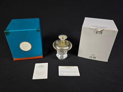 Lalique 2001 Flacon Perfume Bottle with COA and OB: Bottle: 3-1/2" diameter x 4-1/2" high. Foam insert to original box is saturated with dried perfume.