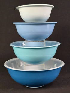 4 Blue Pyrex Nesting Bowls: Smallest: 7" diameter x 3" high. Largest: 11-3/4" diameter x 4-1/2" high.