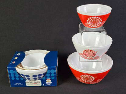 6 Pyrex Vintage Charm Nesting Bowls: Includes 3 piece red, yellow, and blue graduating polka dot set (in factory packaging) & red and 3 piece white flower dot set. Bowls: 5-3/4" to 8-1/2" diameter.