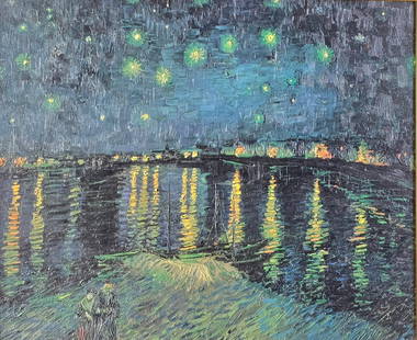 Vincent Van Gogh Starry Night Over The Rhone Print on Canvas: NOT ELIGIBLE FOR IN-HOUSE SHIPPING. Sight: 19-1/2" high x 23-1/2" wide. Overall with frame: 25-1/2" high x 29-1/2" wide. Some losses to frame at corners.