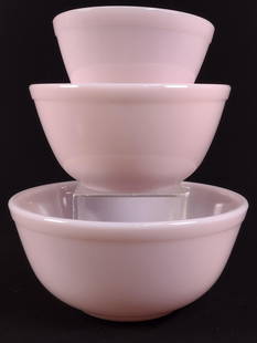 3 Pink Milk Glass Nesting Bowls: Unmarked. 5-3/4" to 9" diameter.