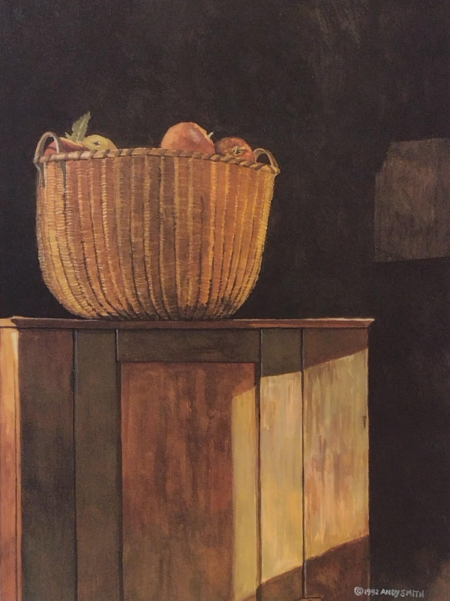Andy Smith Fruit Basket / Cupboard Watercolor: NOT ELIGIBLE FOR IN-HOUSE SHIPPING. Sight: 12" high x 9" wide. Overall with frame: 17-1/4" high x 14-1/4" wide.