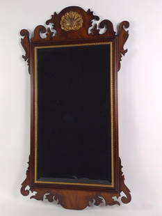 Virginia Galleries Mahogany Wall Mirror with Gilt Shell: NOT ELIGIBLE FOR IN-HOUSE SHIPPING. Overall with frame: 40-1/2" high x 23" wide.