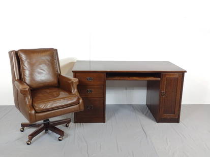 Desk & Leather Office Chair: NOT ELIGIBLE FOR IN-HOUSE SHIPPING. Desk 60" wide X 30" deep X 30" high. Chair 27-1/2" wide X 29-1/2" deep X 40" high. Both have some light scratches.