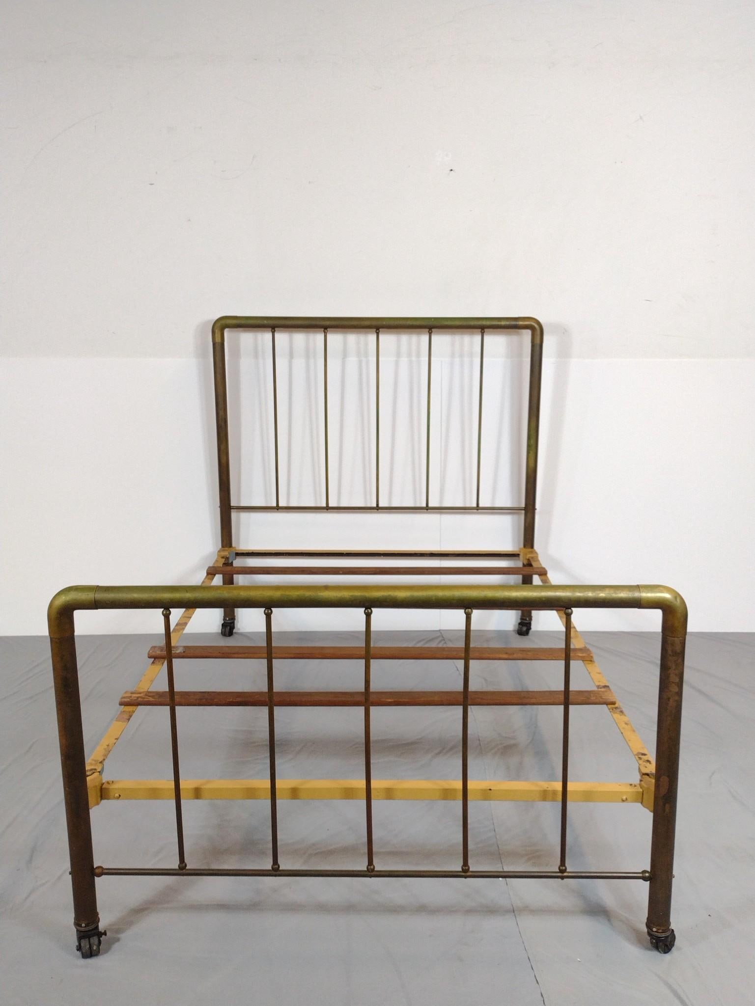 Brass Bed: NOT ELIGIBLE FOR IN-HOUSE SHIPPING. 55" wide x 81" deep X 56" high. Has discoloration and paint loss.