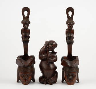3 Figural Wood Carvings incl Asian Flute Player: 9" to 15-1/2" high.