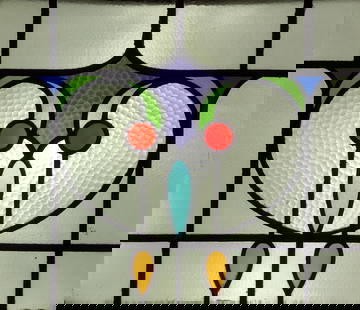 Multi-Color Stain Glass Window: NOT ELIGIBLE FOR IN-HOUSE SHIPPING. Overall with wood frame: 21" high x 23-1/2" wide. Some cracks and paint losses to wood frame.