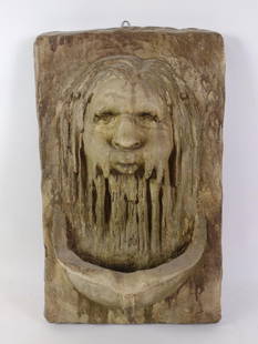 Old Man Winter Lavabo Style Fiberglass Plaque: Overall: 15" wide x 10" deep x 26" high. Some wear consistent with age and use.