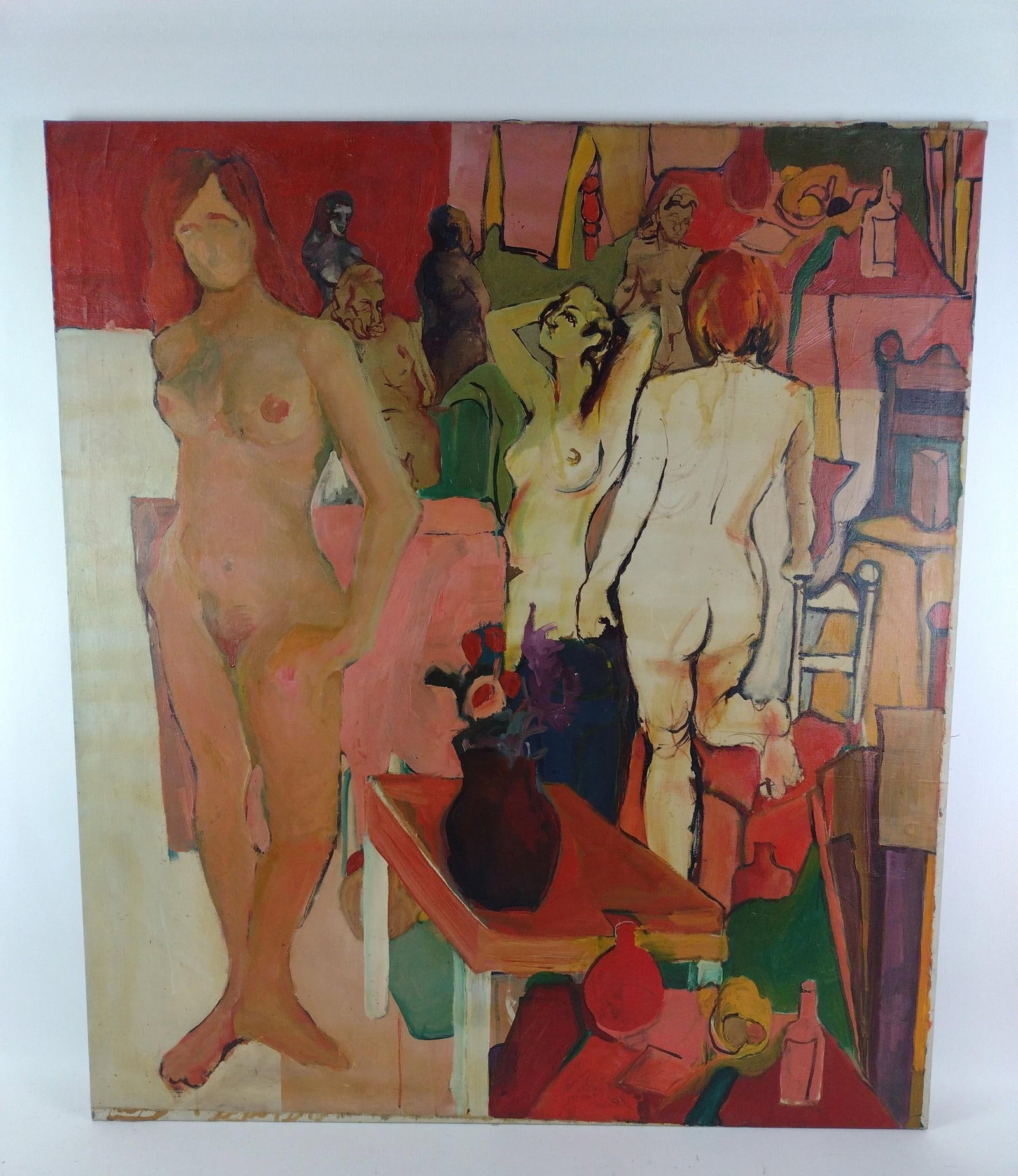 Oversized Amsel Nude Portrait Painting: NOT ELIGIBLE FOR IN-HOUSE SHIPPING. Signed on verso. Overall: 50-1/4" high x 44-1/4" wide. Some staples loose to canvas around edges.
