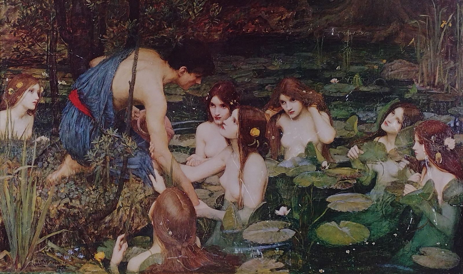 John Williams Waterhouse "Hylas and the Nymphs" Print: NOT ELIGIBLE FOR IN-HOUSE SHIPPING. Sight: 17-1/2" high x 29-1/2" wide. Overall with frame: 28-1/2" high x 40" wide.