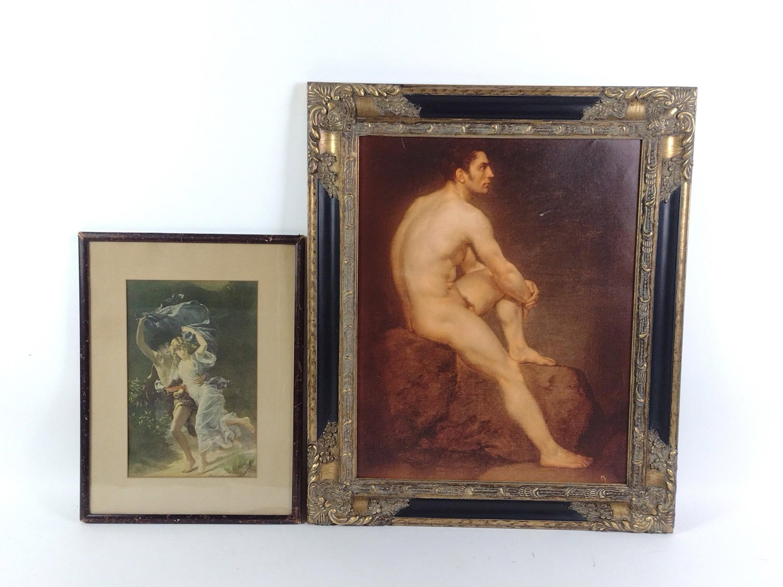 2 Fine Art Prints incl Manuel Ignacio Vazques: NOT ELIGIBLE FOR IN-HOUSE SHIPPING. Includes "Male Nude" by Manel Ignacio Vazques and "The Storm" by Pierre-Auguste Cot. Overall with frames: 17" to 25-3/4" high x 13" to 21-1/4" wide. Both frames wit