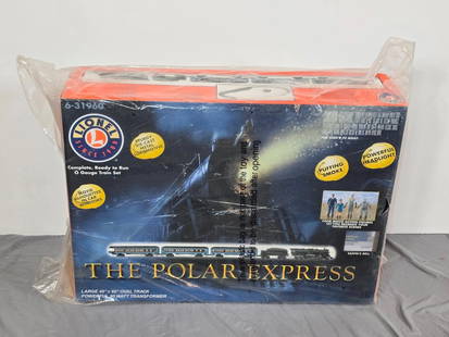 Lionel The Polar Express Train Set: NOT ELIGIBLE FOR IN-HOUSE SHIPPING. Factory sealed. Model number 6-31960. Box: 28-1/2" wide x 21-1/2" deep x 7-1/2" high. Bag with some wear, but Factory sealed sticker / tape is still intact.