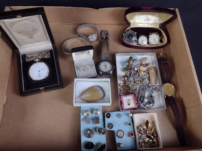 Vintage Watches, Cufflinks, & More: Includes Howard pocket watch in original fitted case (missing crystal), Gruen, Elgin, Olympic, Westfield, some running. Cufflinks, pocket knives, and miscellaneous vintage items. Howard case 4-1/4" x