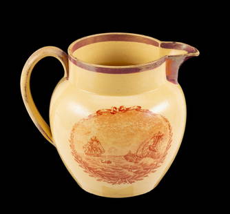 Lustreware Fisher Ames Pitcher, C. 1820s: Provenance: Single owner collection. Fisher Ames (1753-1808) was a Statesman and publicist from Bedham, Mass. He attended Harvard (class of 1774). He was elected to Congress twice (1781 and 1789), and